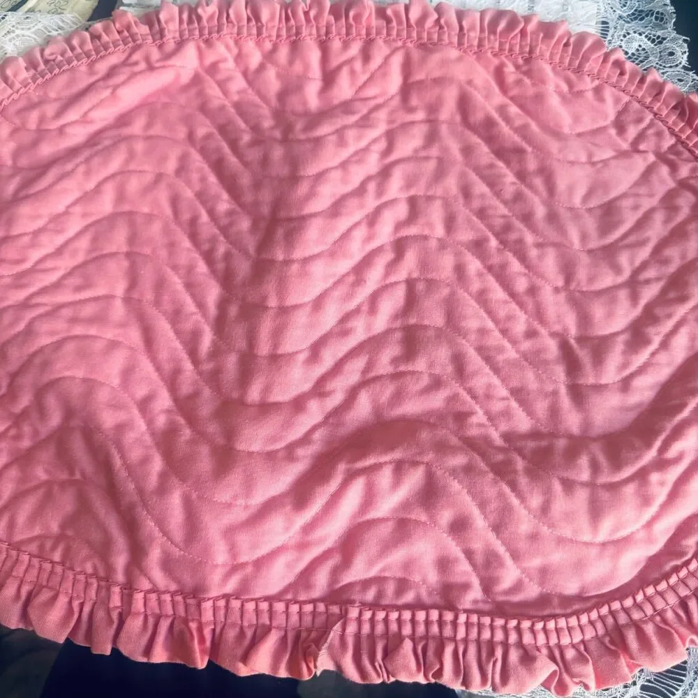 4 Vintage Style Quilted Rose Pink Ruffle Oval Placemats Cottagecore Grandmacore